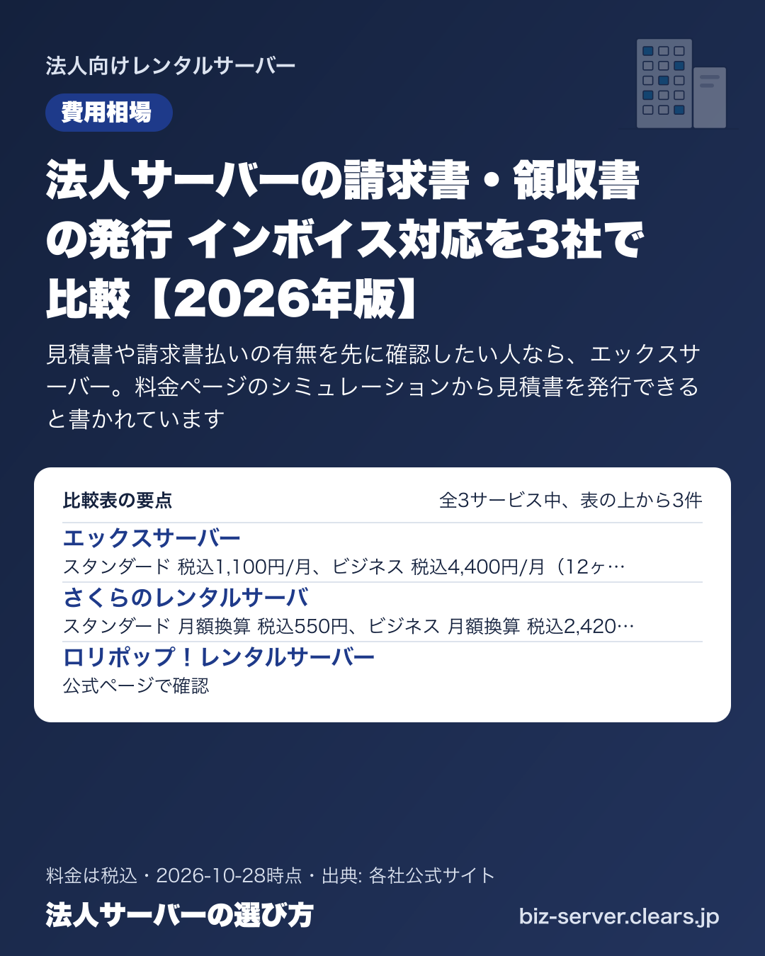法人サーバーの請求書・領収書の発行 インボイス対応を3社で比較【2026年版】の比較表の要点
