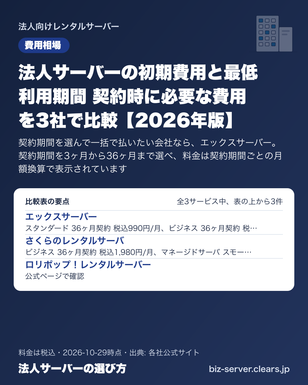 法人サーバーの初期費用と最低利用期間 契約時に必要な費用を3社で比較【2026年版】の比較表の要点