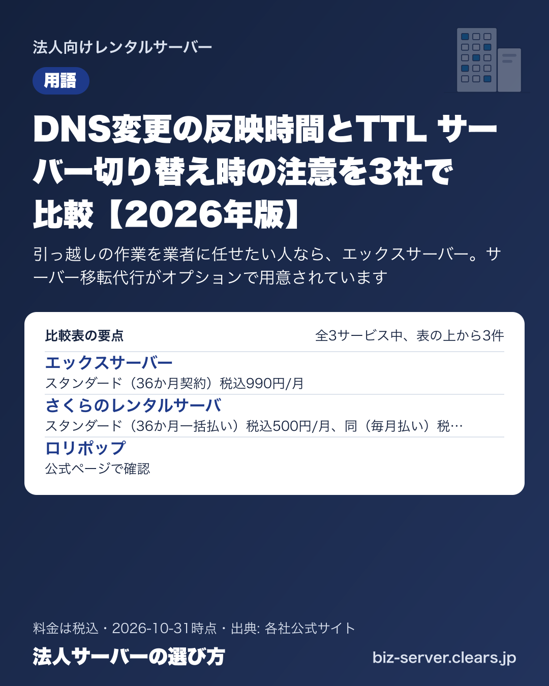 DNS変更の反映時間とTTL サーバー切り替え時の注意を3社で比較【2026年版】の比較表の要点