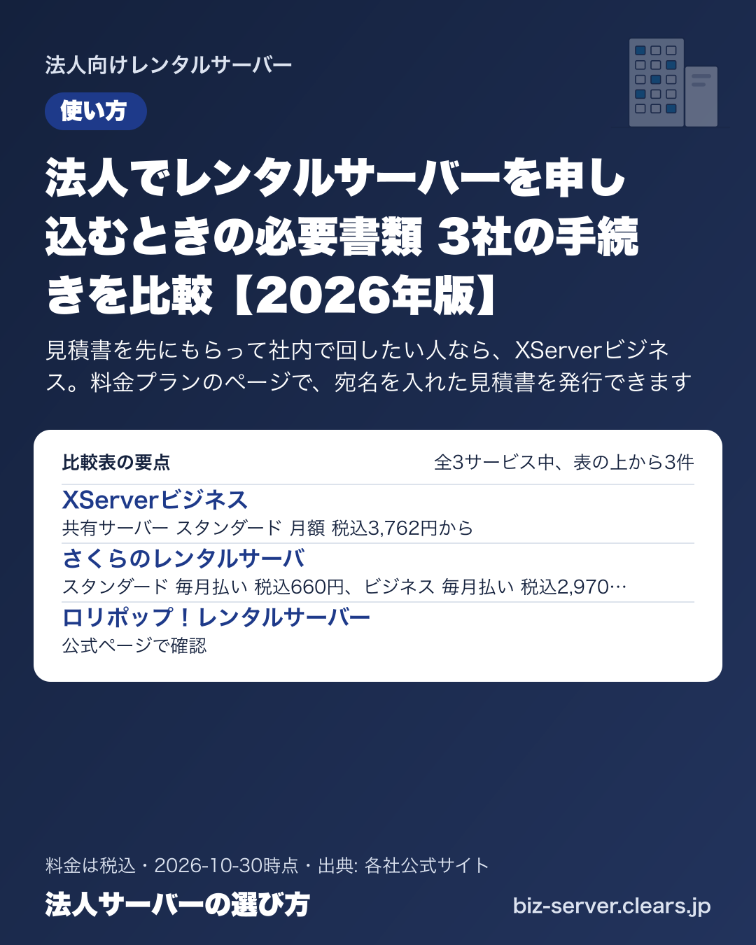 法人でレンタルサーバーを申し込むときの必要書類 3社の手続きを比較【2026年版】の比較表の要点
