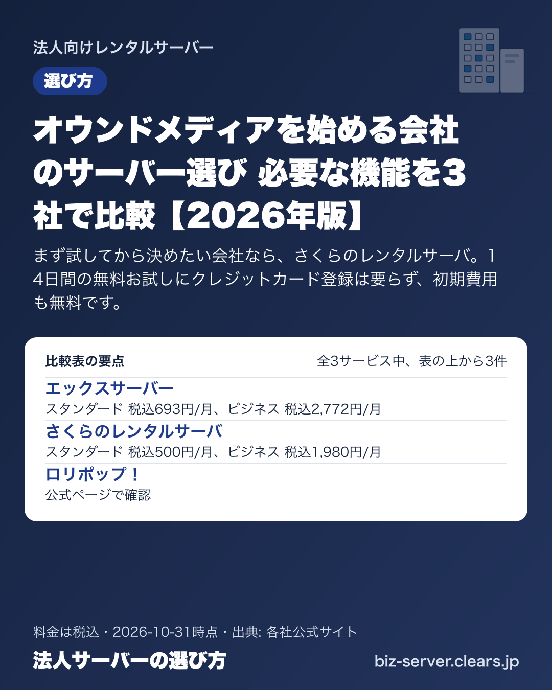 オウンドメディアを始める会社のサーバー選び 必要な機能を3社で比較【2026年版】の比較表の要点