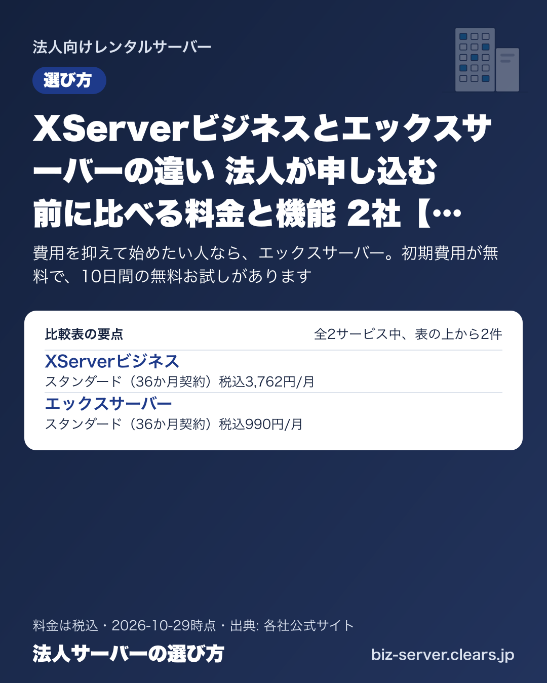 XServerビジネスとエックスサーバーの違い 法人が申し込む前に比べる料金と機能 2社【2026年版】の比較表の要点